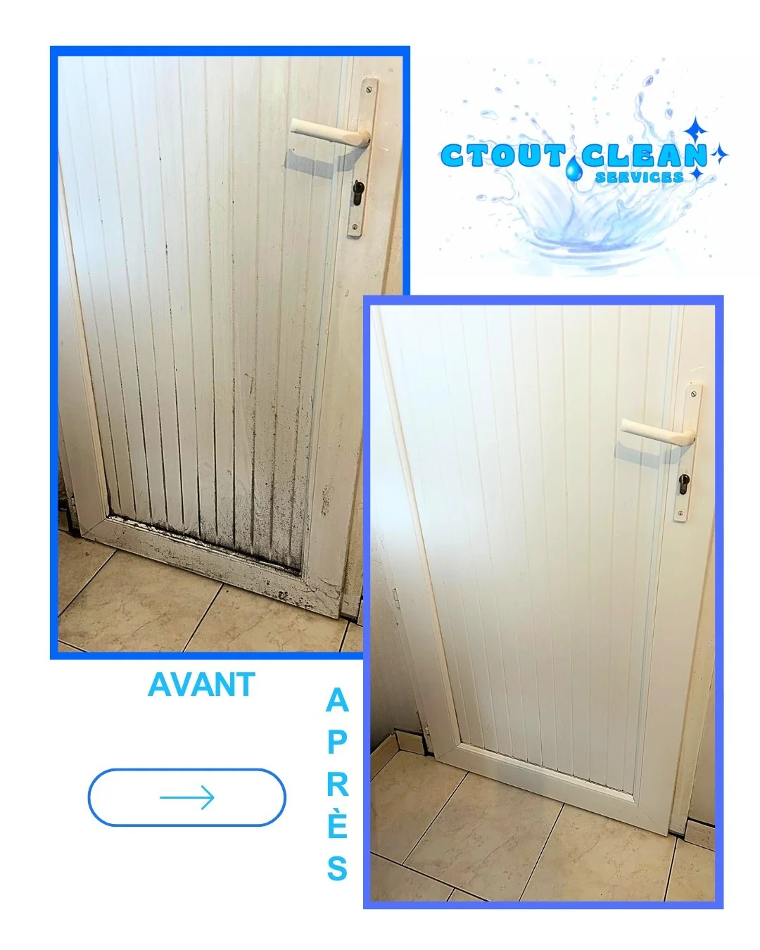 Remise en état porte PVC moisissures avant après